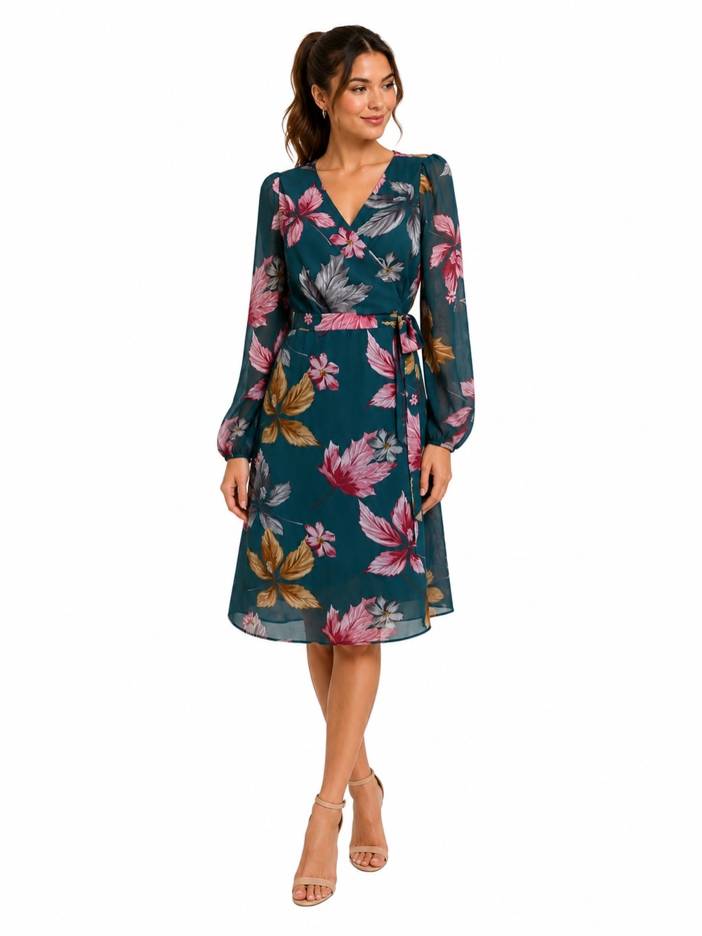 NWOT Allegra K Teal Floral Long-Sleeve Wrap Dress Tie Waist Overlay Dress Size S